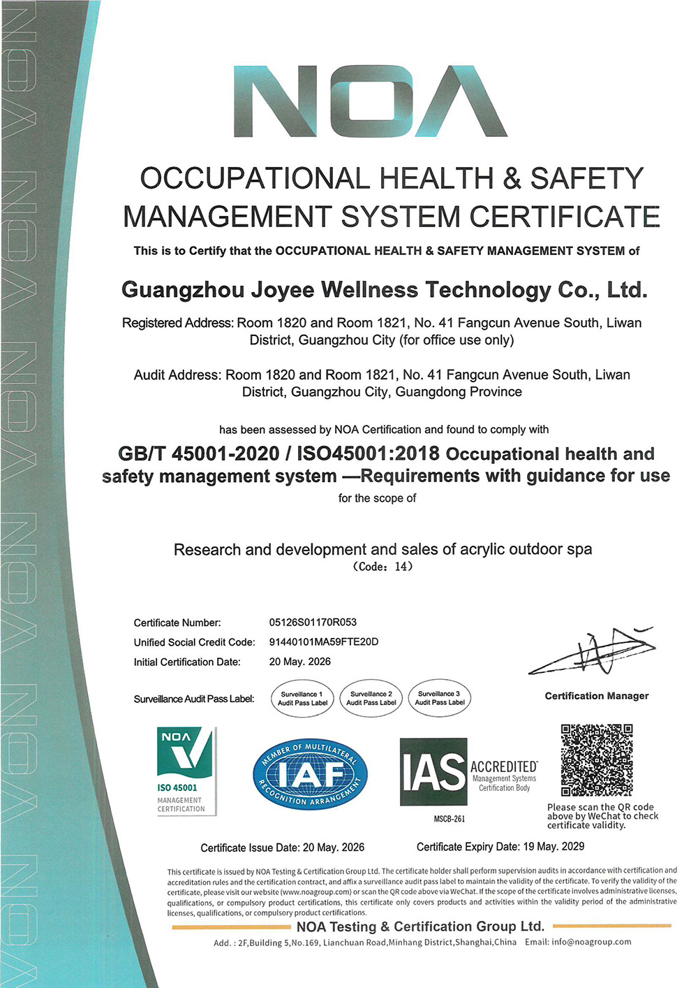 ISO45001 OCCUPATIONAL HEALTH & SAFETYMANAGEMENT SYSTEM CERTIFICATE